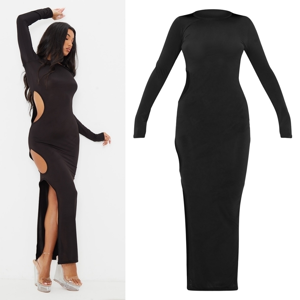 NWT PLT Black Slinky Long Sleeve Cut Out Side Seam Midaxi Dress